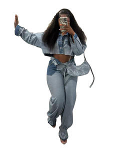 Оптовая продажа, укороченная куртка с длинными рукавами, комплект из 2 предметов, модные джинсы, комплект из двух предметов, джинсовые брюки для женщин - Product Image 2