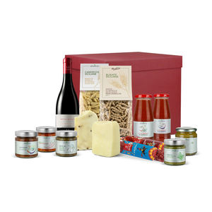 Set Regalo Natalizio AlmaSicily, Cesto Festivo con Pasta, Formaggio, Salsa e Vino per Riunioni Familiari e Feste - Product Image 1