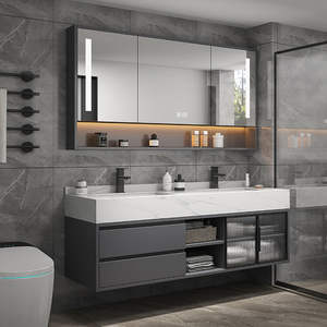 Gray Intelligent <b>Bathroom</b> Vanity Unit Double Sink Honeycomb <b>Smart</b> <b>Mirror</b> LED Light Melamine Board Lacquer Finish Water Resistant - Product Image 3