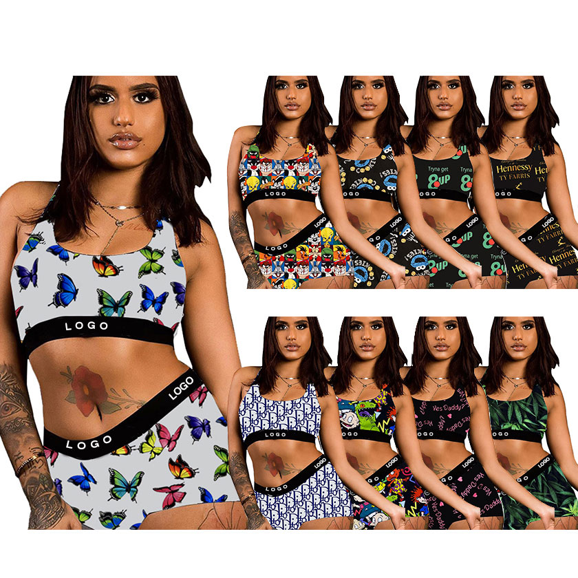 Sexy Women Clothing Top And Shorts Butterfly Cartoon Booty Shorts Underwear Set Women Sports Bra And Shorts Set For Ethika Sets