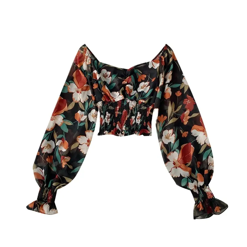 New Floral Chiffon Shirt Ladies Spring Autumn Slim Blouse Long Puff Sleeve Square Collar Casual Cropped Tops