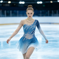 Robe de patinage artistique bleu et blanc dégradé, dos évidé, manches longues en maille, jupe ornée de strass pour enfants et adultes, compétition et performance