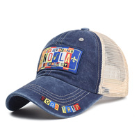 Gorra trucker con parche bordado lavado, gorra de béisbol de malla con patchwork de NOLA de Nueva Orleans, gorra de sol vintage ajustable con efecto desgastado