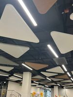 Système suspendu de panneaux acoustiques en feutre pour plafond, avec des formes nuages, rectangulaires, triangulaires et polygones