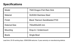 อ่างล้างจานอัจฉริยะ Dragon Fish Serie ขนาด 750x450 มม. สีดำไทเทเนียม PVD SUS304 สแตนเลสสตีล พร้อมก๊อกน้ำแบบฝังในตัว ปุ่มกดแบบติดตั้งบนเคาน์เตอร์ - Product Image 3