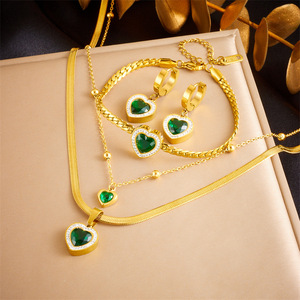 Heart Shape Emerald Jewelry <b>Set</b> Gold Plated Stainless Steel Necklace <b>Bracelet</b> Earrings Women's Everyday Wear - Product Image 1