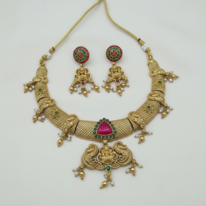 Ethnic Traditional Temple Flower Design Bridal Engagement Wedding Party Choker <b>Set</b> Jhumka Earrings <b>Gold</b> Plated Alloy Zircon - Product Image 2