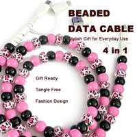 4 in 1 Kabel Data USB C Berhias Manik-Manik Pink Hitam, Hadiah Menarik, Aksesoris Elektronik