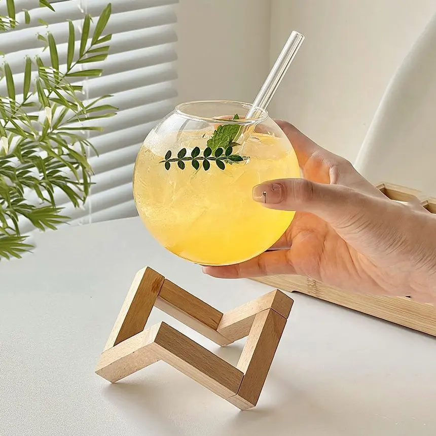 Креативная стеклянная чашка в форме шара с деревянным держателем, стеклянная чашка для сока, бокалы для питья