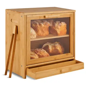 竹制面包盒厨房面包箱大容量2层木制面包盒，带折叠盖，用于厨房台面
