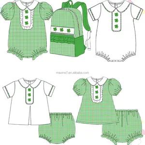 Gold Supplier St. Patrick's Kids Clothing Customized Girl Outfit Four-leaf Clover French Knot Ruffles Girls Set