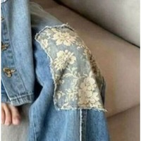 Nouveau Pantalon Large en Jean de Coton Désstructuré avec Patchwork, Broderie Florale Chic à la Française, Bleu, pour Femme - Collection Été 2026 (Vente en Gros)