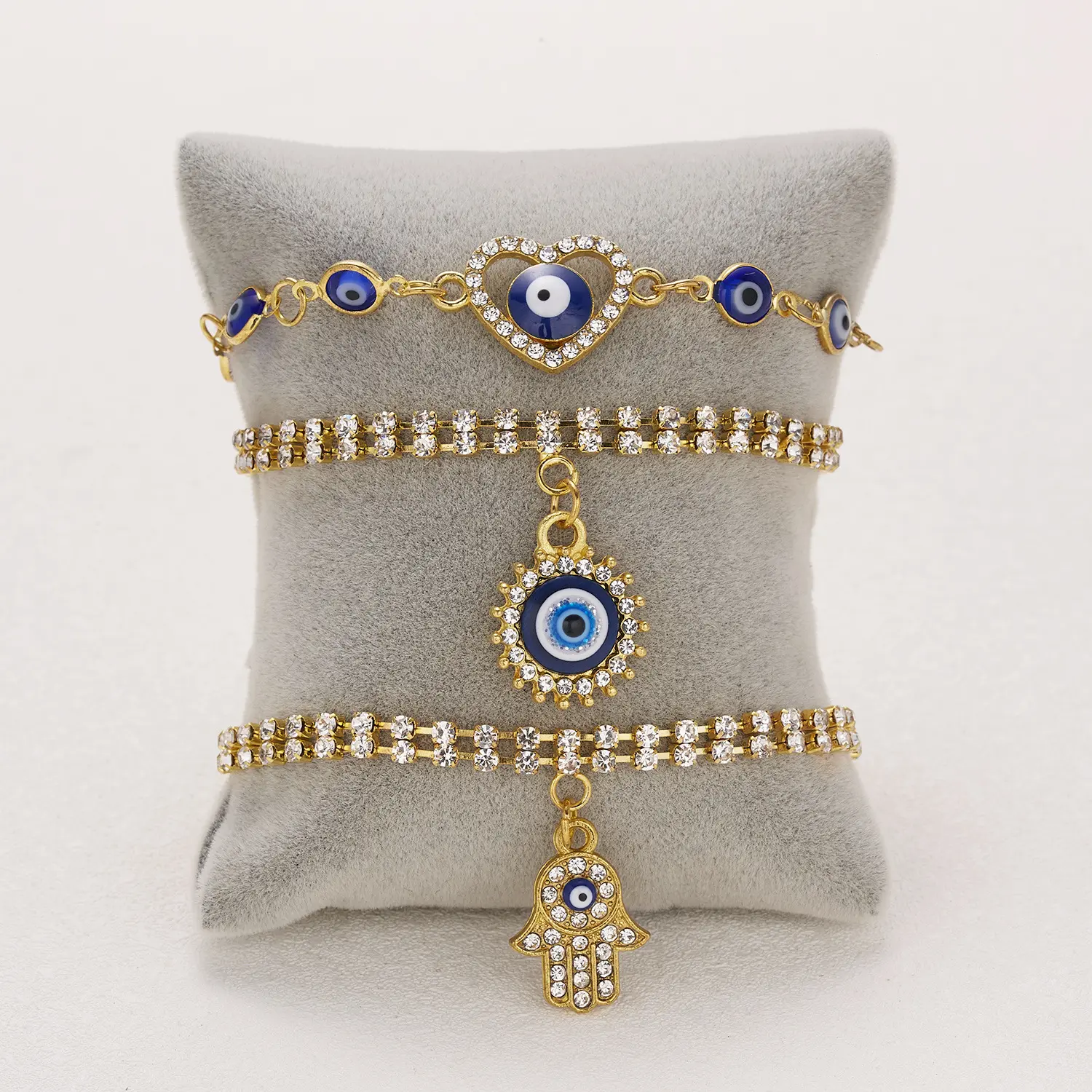 Grosir gelang mata setan berlian penuh baja tahan karat gelang rantai lapisan ganda perhiasan liontin mata biru Turki