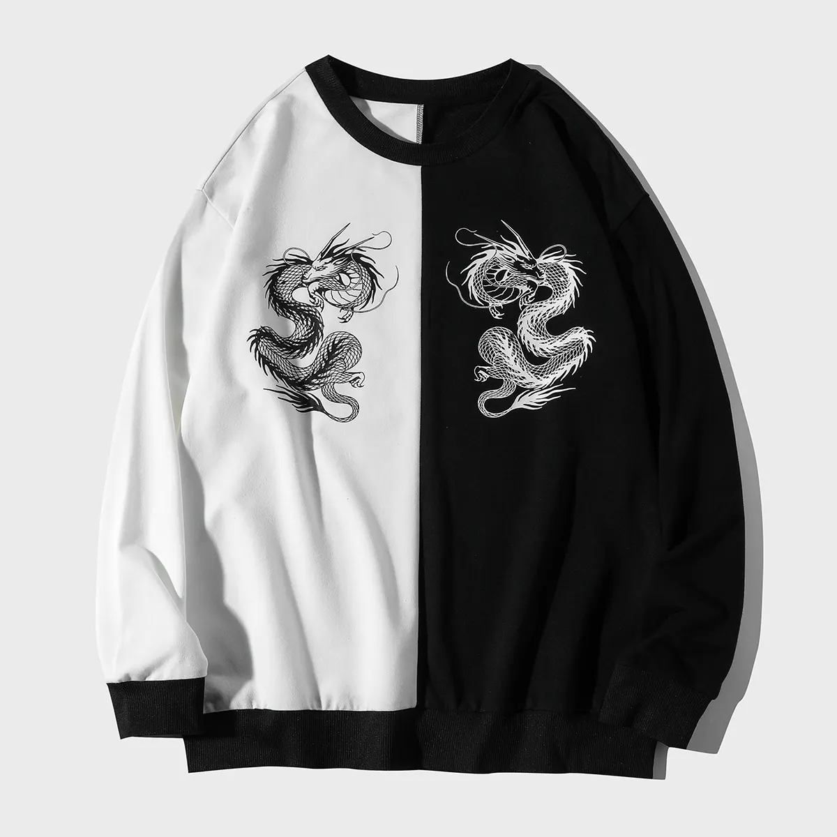 Designer new black and white contrast Colorblock sweatshirt printing Chinese dragon casual men's Luxury sweatshirt