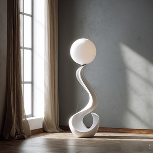 Lámpara de Pie con Forma de Ola en S, Color Blanco Brillante, Base Orgánica Retorcida, Pantalla de Globo de Vidrio Transparente para Sala de Estar - Product Image 6
