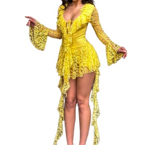 Vestidos de Noche Cortos de Manga Larga con Encaje Bordado para Mujer, Tela Transpirable, Cintura Natural, Estampado - Product Image 4