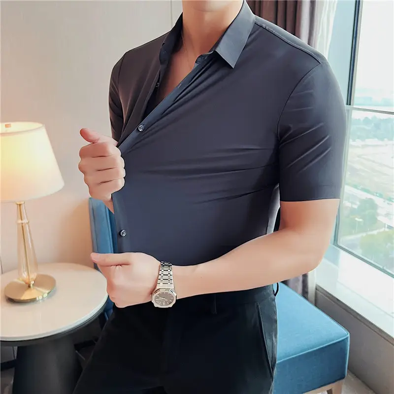 Men'S Summer New Elastic Seamless Non-Iron Shirt Silk Solid Color Business Casual Short Sleeve Men'S Shirt