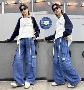 Pantalones vaqueros holgados lavados informales para niños Pantalones <span class=keywords><strong>cargo</strong></span> de mezclilla para niños con múltiples bolsillos Verano de alta calidad - Product Image 2