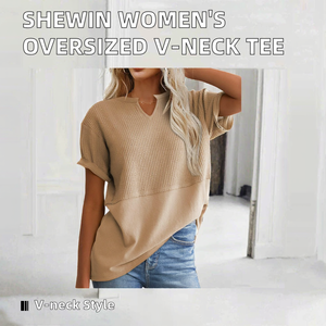 Camiseta Holgada de Manga Corta con Cuello en V para Mujer SHEWIN, Color Sólido, 100% Poliéster, Primavera/Verano, Color Caqui, Talla US 12-14 (L) - Product Image 2
