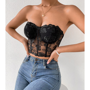Femmes noires trois dimensions fleur acier anneau enveloppé poitrine hors épaule petit gilet Corset femmes Corset hauts - Product Image 1