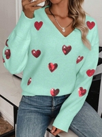 Nouvel arrivage de pull à manches longues à col en V et à motif de cœurs scintillants de créateurs personnalisés chandails de Saint-Valentin à paillettes et à la mode