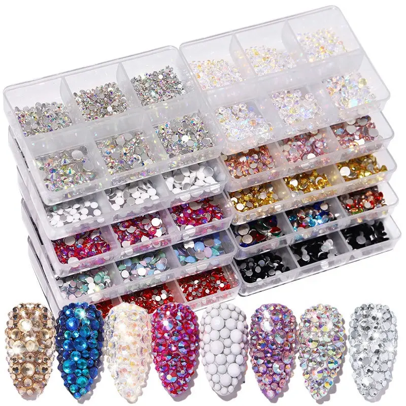 Shinny 3d Flat Diamond Glitter AB Crystal Rhinestones for Nail Gems DIY Diamonds Stone Shaped in Box Nail Art Rhinestone Set