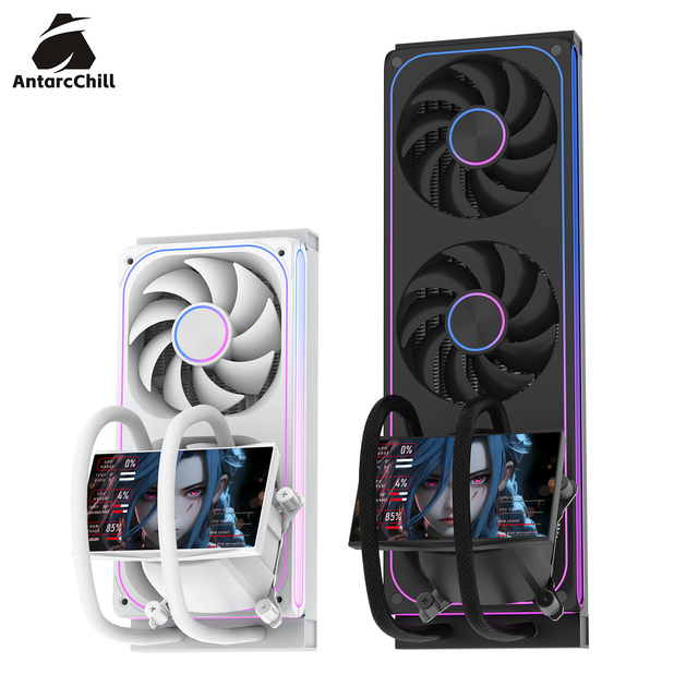 AntarcChill CPU Liquid Cooler 360mm and 240mm Radiator 5 Inch 720x1280 Laminated Screen Magnetic Mount Pump Head Wholesale