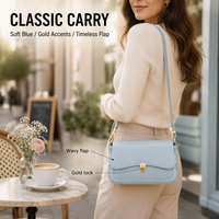 Tas Selempang PU Warna Biru Muda Solid dengan Tutup Lipat, Kancing Tekan, Aksesoris Emas, Sudut Bulat, Tas Tangan Terstruktur, Fashion Musim Dingin Gugur