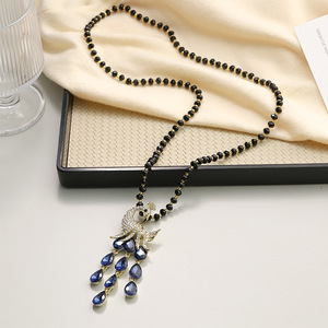Crystal Peacock <b>Long</b> <b>Necklace</b> Blue Rhinestone Animal Pendant Everyday Wear Sweater Accessory - Product Image 1