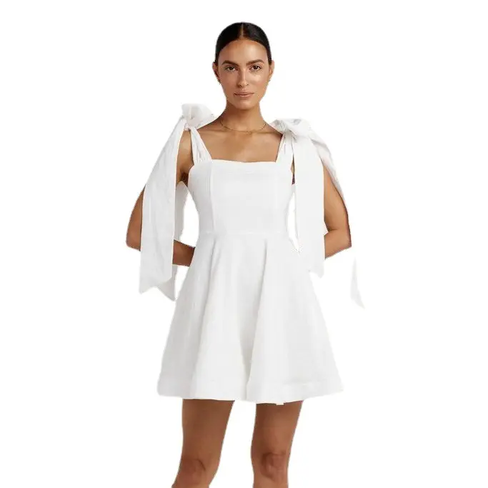 Vestido de verano de lino y algodón con lazo y tirantes, cintura francesa, blanco puro