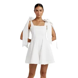 Suspensório de laço para mulheres, vestido suspensório, cintura francesa, de algodão, de linho a, branco puro, vestidos casuais