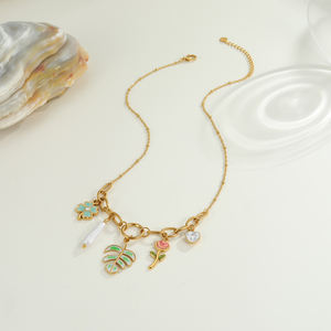 カラフルなドーパミンエナメルネックレス 18金メッキステンレススチール クローバー ローズ パール リーフチャーム ハワイ ハート フラワーネックレス - Product Image 3