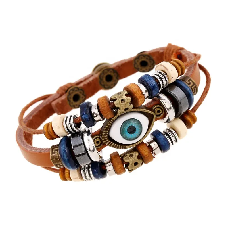 Nuevo diseño al por mayor vintage multicapa con cuentas ojos pulsera de cuero trenzado a mano pulsera hombres mujeres