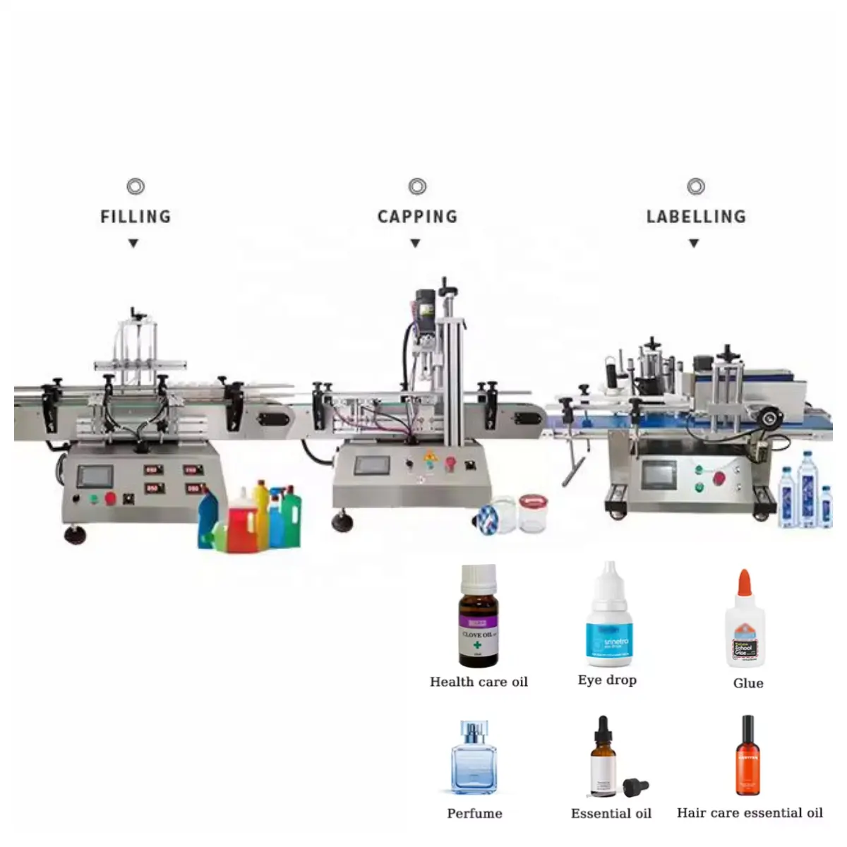 Máquina automática de enchimento de garrafas de óleo essencial para cabelos, tampa e rotulagem, 4 cabeças, 10ml-100ml, linha de enchimento de frascos para colírio e mesa