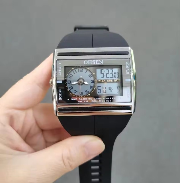 OHSEN AD0518 50M Diving Rubber Band Fashion Sport Digital LCD Sport Men Dual Display Wristwatch Reloj Masculino Electronic Watch