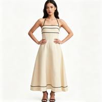 Robe longue élégante à col halter avec passepoil noir, coupe trapèze, pour femme, respirante, écologique, sans manches, idéale pour l'été et le quotidien