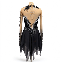 Robe de patinage artistique pour enfants et adultes, col en plumes, manches longues en maille, dos orné de strass, pour compétition et spectacle de patinage sur glace