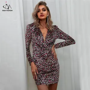 D&M Custom Casual Career Women Clothing Vestidos Western Elegant Cloak Sleeves Deep V Neck Fancy Leopard Velvet Dresses