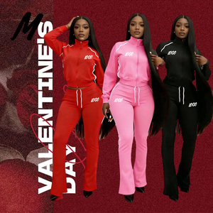 Valentinstag Benutzerdefiniertes Logo Baumwolle Damen-Sweatshirt 2-teiliges Set Rosa Reißverschluss-Jacke Ausgestellte Hose Damen-Trainingsanzug für den Winter - Product Image 1