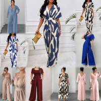 Combinaison Satinée Ample à Motifs Floraux pour Femme, Manches Courtes, Col en V, Dos Nu, Tie-Dye, Idéale pour les Fêtes - Nouvelle Collection