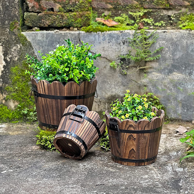 Rustic Wavy Wooden Bucket Barrel Planter Box for Indoor Plants & Succulents - View 3