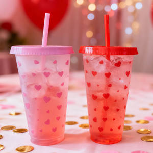 Gobelet réutilisable rose en forme de cœur pour la Saint-Valentin avec couvercle et paille – Cadeau idéal pour meilleure amie, voyage, fête – Tasse en plastique - Product Image 3