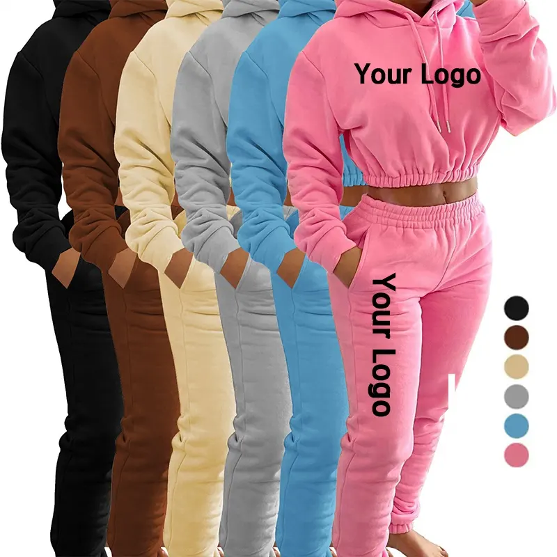 Custom Jogger Hoodie Womens Clothes 2023 Crop Jogger Woman Fleece Cotton Two Piece Pants Set Stack Sweatpants And Hoodie Set C11