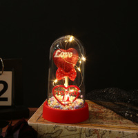 Cadeau de Noël, de la Saint-Valentin ou d'anniversaire : fleurs lumineuses LED avec un mini ours et une rose galaxie dans un dôme en verre