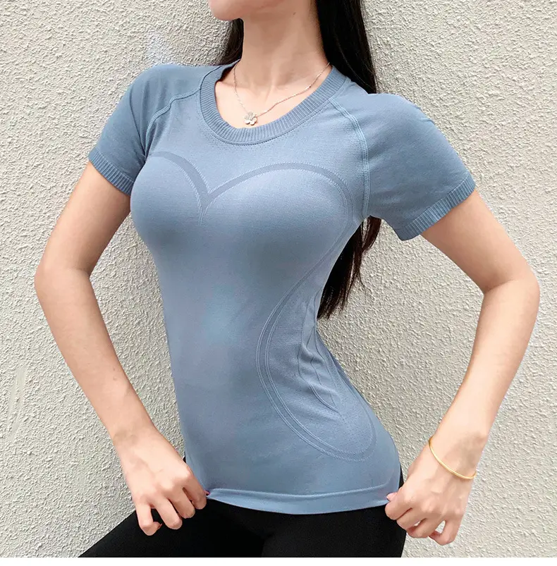 Camiseta de manga corta sin costuras con logotipo personalizado, mallas ajustadas elásticas para entrenamiento, Camiseta deportiva para yoga y gimnasio para mujer, ropa activa