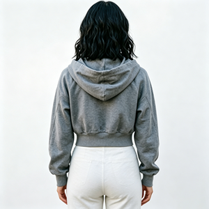 <span class=keywords><strong>Sudadera</strong></span> con capucha gris para mujer, con cremallera, hombros caídos, manga farol, top corto, estilo casual, holgada, para otoño e invierno, ropa urbana - Product Image 3
