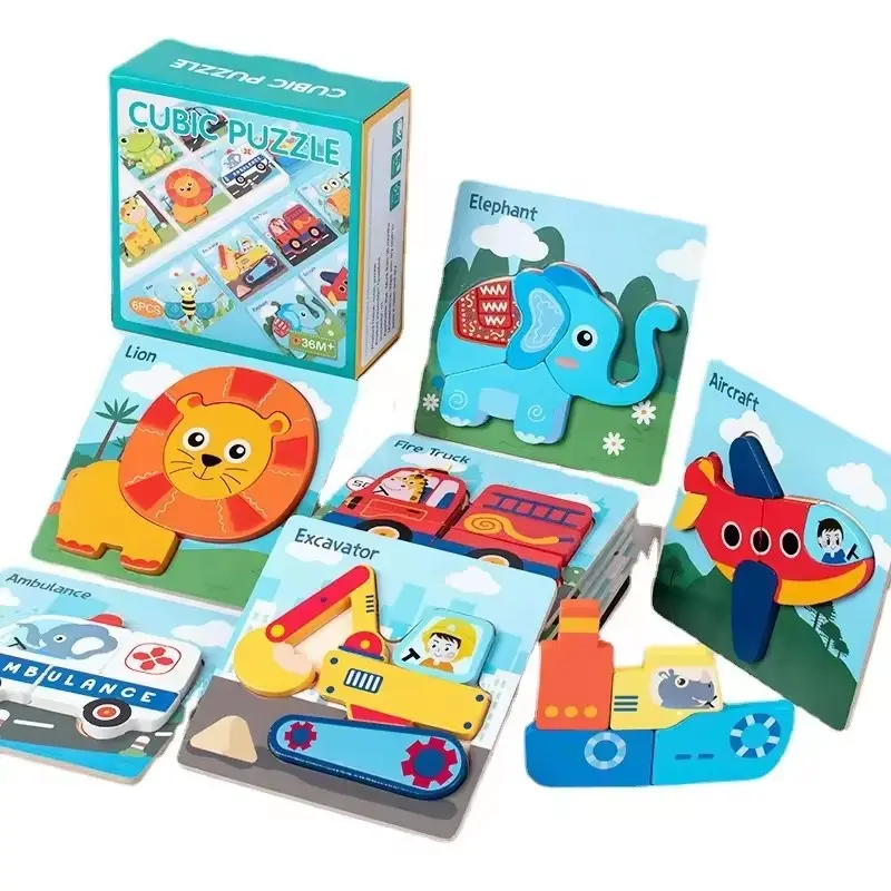 Baby pädagogische Rätselblöcke Spielzeug Kinder hölzerne 3d-Puzzle-Jigsaw-Spielzeuge für Kinder Cartoon Tierenfahrzeug Holz-Kinder-Puzzle