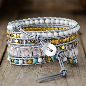 Pulsera de Moda con Cuentas de Piedra Natural, Hecha a Mano, Tejida, Multicapa, Color Blanco Pino, Diseño Geométrico - Product Image 3