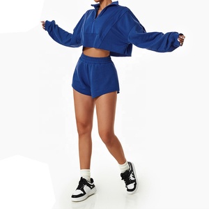 Sweat-shirt à capuche sportswear surdimensionné personnalisé pour femme, demi-zip, motif lettres brodées, long, vente en gros - Product Image 4