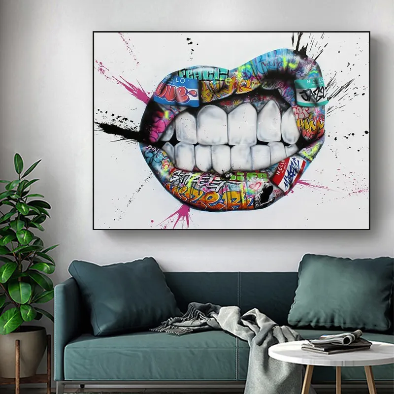 Художественная Картина на холсте с изображением зубов, губ, граффити, поцелуев на улице, плакаты и принты, Настенная картина для гостиной, спальни
